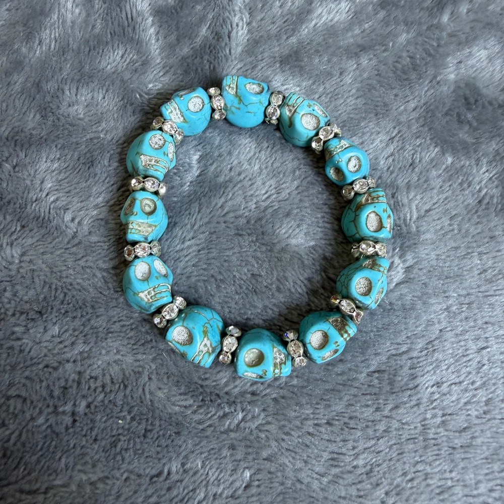 Blue Turquoise Skull Stretch Bracelet Crystal Rhinestone Spacers Goth Boho